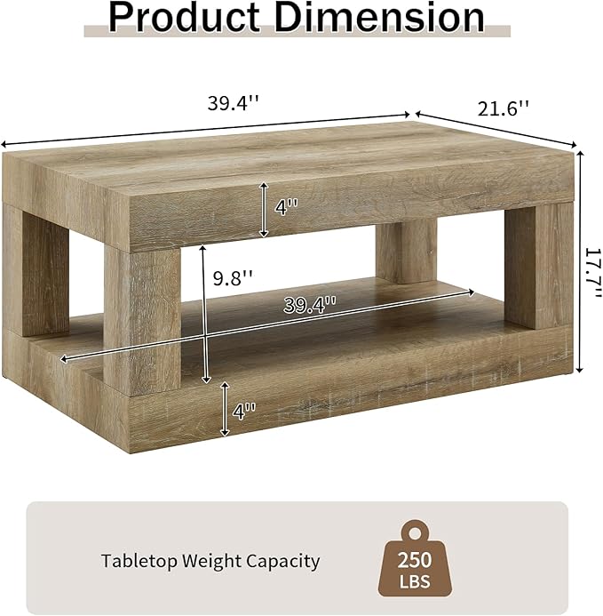LKTART 39.37" Coffee Table with Storage, 2-Tier Mid Century Rectangular Accent Table with Thick Tabletop, Rustic Style Cocktail, Center Table for Living Room, Office, Apartment (Antique Natural)