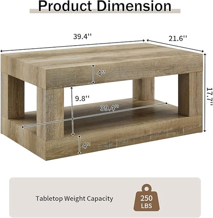 LKTART 39.37" Coffee Table with Storage, 2-Tier Mid Century Rectangular Accent Table with Thick Tabletop, Rustic Style Cocktail, Center Table for Living Room, Office, Apartment (Antique Natural)