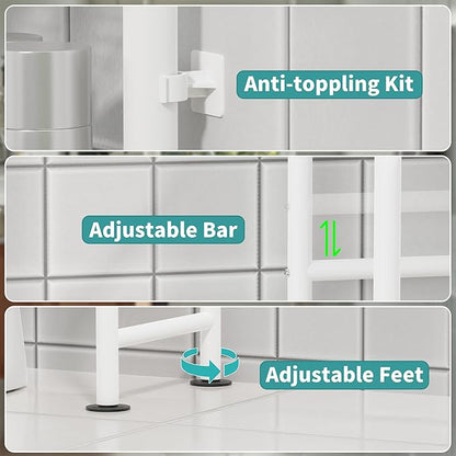 3-Tier Over The Toilet Storage Organizer, Space-Saving Bathroom Rack with Paper Holder & 4 Hooks, 64" Tall Freestanding Carbon Steel Shelf for Small Apartment Laundry Room (White)