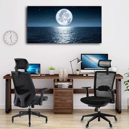 Aibonnly Wall Art Canvas Print Moon Sea Ocean Landscape 1 Panels Full moon Picture Painting Framed and Stretched Ready to Hang for Living Room Bedroom Office Home Decor Artwork 24x48inch
