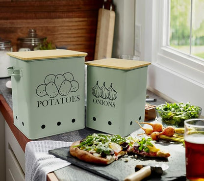 Kitchen Vegetable Storage Tins Set of 2, Onion and Potato Storage Bins with Wooden Lid and Aerating Holes, Garlic Bin Caddy, Vintage Kitchen Decor, Green