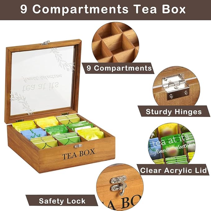 Wooden Tea Box, DecorativeTea Box Organizer,Teas Organizers and Storage,Tea Holder Organizer with 9 Compartments Clear Lid for Home Gifts & Tea Parties