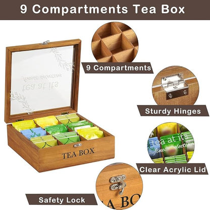 Wooden Tea Box, DecorativeTea Box Organizer,Teas Organizers and Storage,Tea Holder Organizer with 9 Compartments Clear Lid for Home Gifts & Tea Parties