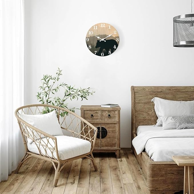 XFM Cabin Bear Wall Clock 12 Inch Silent Non Ticking Wooden Wall Clocks Battery Operated Forest Wildlife Mountain Lodge Round Clock Rustic Farmhouse Wall Clock