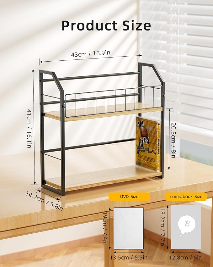 2-Tier DVD Storage Rack, DVD Shelf for Non-slip Feets, DVD Holder Display with 10lb Per Tier, Stores Up to 56 DVDs, Display Organizer Tower for Music Enthusiasts and Collection