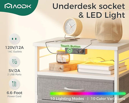 AODK Night Stand with Charging Station and LED Lights, 27.6 Inch Bed Side Table with 2 Drawers and Open Shelf, Bedside Table for Bedroom, Living Room, White & Light Grey