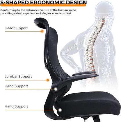 NearHub EC10 Stylish Ergonomic High Back Mesh Reclining Office Chair with Adjustable Flip-Up Armrests,Lumbar Support & Headrest,Breathable & Comfortable Computer Chair for Home, Office & Study