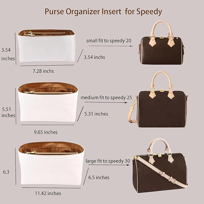 Purse Organizer Insert for handbag，Dupont paper Ultra-Light weight Bag Organizer Insert for LV Speedy 20 Waterproof (Small-white brown)