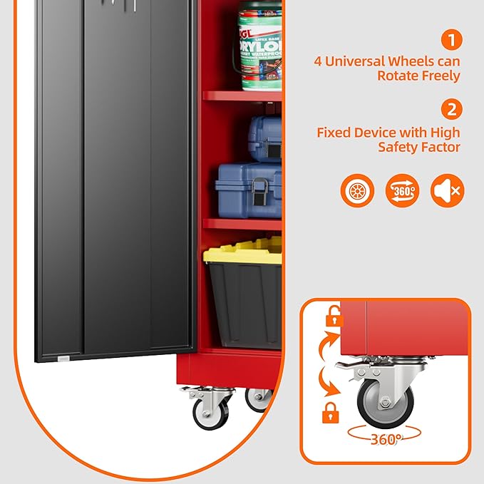 Garage Storage Cabinet with Wheels and Pegboard, 71" H x 32" W x 16" D Lockable Metal Storage Cabinet with 5 Adjustable Shelves and 2 Doors for Garage Home, Assembly Required, Black and Red