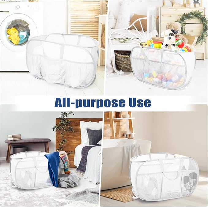 2 Pack Collapsible Laundry Baskets, Upgrade Pop Up Laundry Hamper with Convenient Bags, Foldable Laundry Basket Mesh Light Weight, Easy to Carry Clothes Hampers for Laundry, Dorm, Toys, Travel White