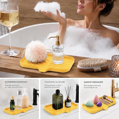 MicoYang Silicone Soap Dish with Drain Spout — Self-Draining Sink Organizer Tray for Bathroom & Kitchen, Sponges, Dispensers & Soap Holder, Non-Slip & Dishwasher Safe, Yellow (Medium, 9.6"×5.3")