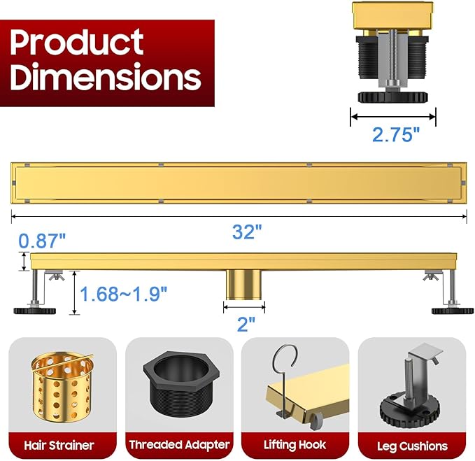 DLONE Linear Shower Drain | 32" AISI 304 Stainless Steel Linear Drain, Brushed Gold Shower Drain with Tile Insert Panel & Adjustable Feet, Long Rectangle Shower Floor Drain in Bathroom, Balcony, etc