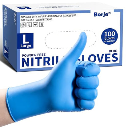 Borje Nitrile Exam Gloves Large, 100 Count Disposable Gloves, Blue, Latex-Free Powder-Free, Food Safe, Cooking, Cleaning