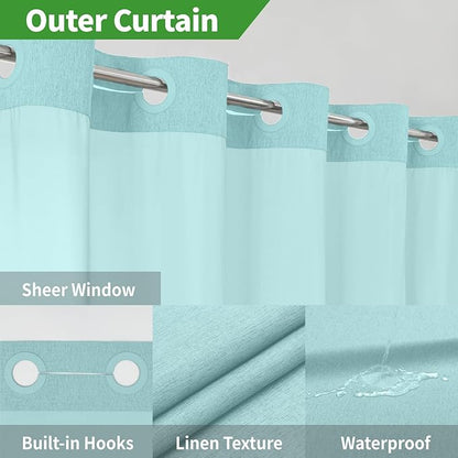 No Hooks Needed Linen Textured Shower Curtain with Snap-in Fabric Liner Set,Hotel Luxury Decor Waterproof Shower Curtains for Bathroom with Mesh Top Window,Washable,71Wx74H,Teal