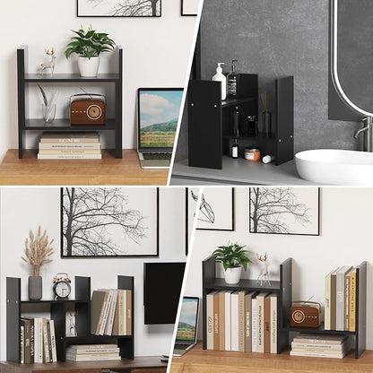 TY ARTS & CULTURE - Expandable Wood Desktop Storage Organizer Multipurpose Desk Bookshelf Display Shelf Rack Counter Top Bookcase for Office Home | Black