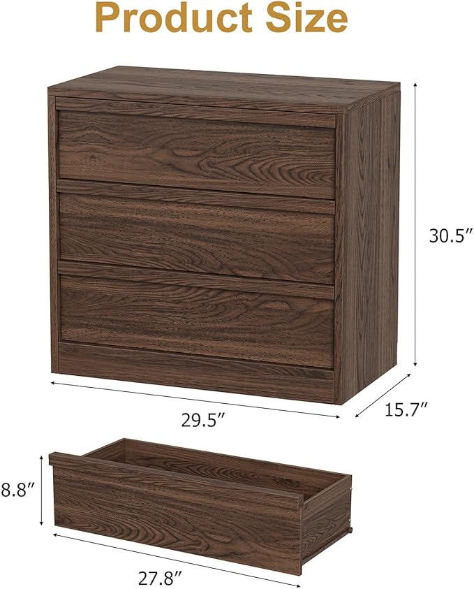 IDEALHOUSE 3 Drawer Nightstand for Bedroom, 30in Tall Small End Side Table with Large Storage & Anti-Tip Design, Modern Bedside Table Organizer for Living Room, Entryway - Walnut