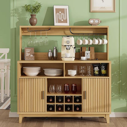 Fluted Buffet Cabinet with Storage, Modern Coffee Bar Cabinet with Outlet, Removable Wine Rack, Multi-Functional Accent Liquor Cabinet for Living Room, Entryway, Kitchen, Natural