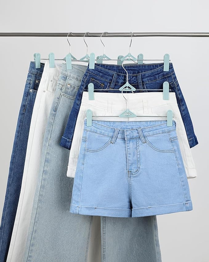 Pant Skirt Hangers with Clips 50 Pack - Space Saving Stackable Shorts Hangers with Clips - Non-Slip, Adjustable for Women, Kids, Men, Children, Blue