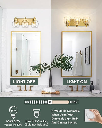Bathroom Light Fixtures, 3-Light Brushed Gold Vanity Light, Modern Wall Sconces with Clear Glass Globe Shade, Bathroom Wall Lights for Mirror Kitchen Bedroom Hallway Living Room, VL195-GD-3
