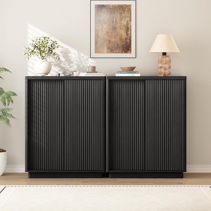 Fluted Shoe Cabinet with Sliding Door Set of 2, 6-Tier Large Hidden Storage Organizer Modern Shoe Rack with Adjustable Shelves, Mid Century Freestanding Wooden Shoe Storage Cabinet for Entryway,Black