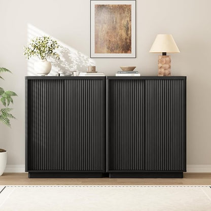 Fluted Shoe Cabinet with Sliding Door Set of 2, 6-Tier Large Hidden Storage Organizer Modern Shoe Rack with Adjustable Shelves, Mid Century Freestanding Wooden Shoe Storage Cabinet for Entryway,Black
