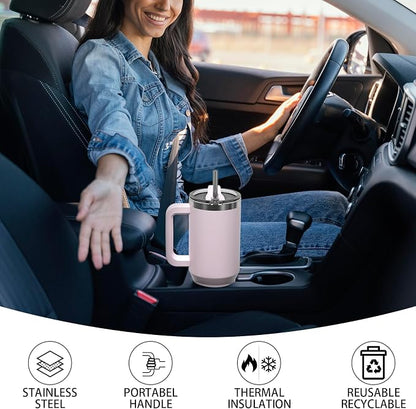 40 oz Tumbler with Handle,Tumbler with Lid and Straw,Double Wall Insulated Cup Stainless Steel Travel Mug(Cold for 34 Hours),Water Bottle for Iced Tea,Coffee,Cold Beverages(Rose Quartz)