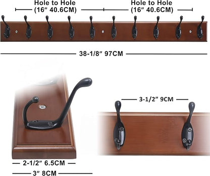 Dseap Coat Rack Wall Mounted: 10-Hooks, 16" Hole to Hole, 38-1/4" Long, Wood Coat Hooks Wall Mounted, Hook Rack, Hook Rail, Hooks for Hanging Coats, Brown & Black