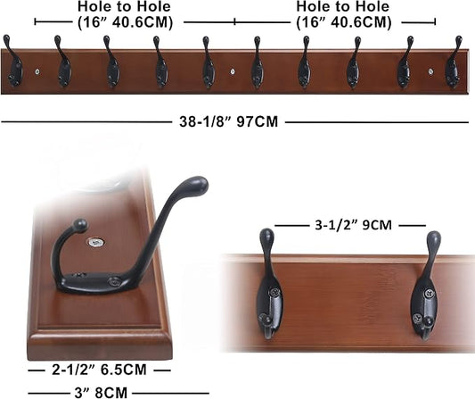 Dseap Coat Rack Wall Mounted: 10-Hooks, 16" Hole to Hole, 38-1/4" Long, Wood Coat Hooks Wall Mounted, Hook Rack, Hook Rail, Hooks for Hanging Coats, Brown & Black