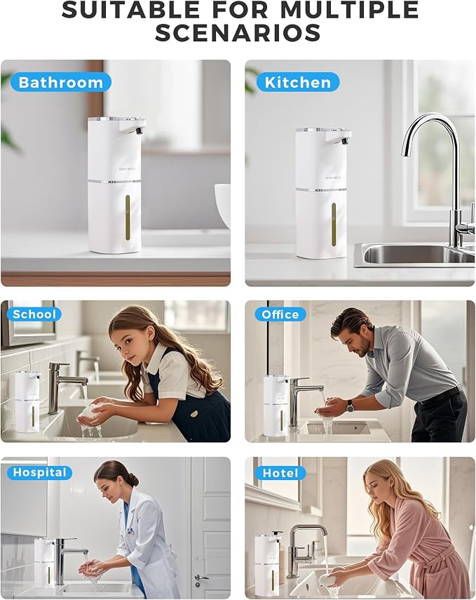 2 Pack Automatic Liquid Soap Dispenser, 13.5oz/400mL, USB Rechargeable, 9-Adjustable Liquid Levels, IPX5 Waterproof, Touchless & Wall/Tabletop Use for Kitchen Bathroom, White