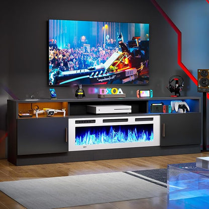 MXV 70" Fireplace TV Stand with Power Outlet for TVs UP to 80", Electric Fireplace Entertainment Center with LED Lights & Storage Cabinets, TV Console for Living Room, Office, Black-White