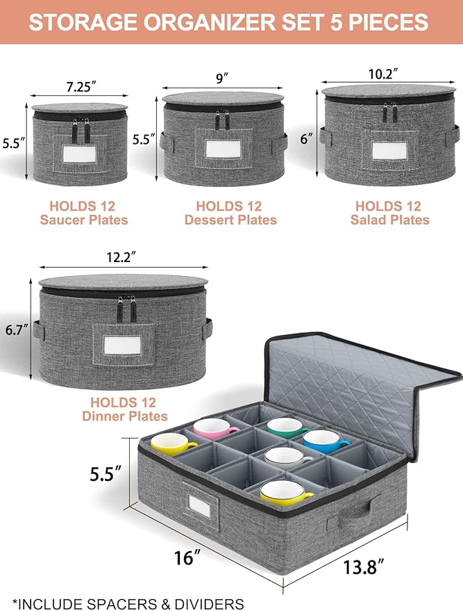 Cirhy China Storage Containers 5-Piece Set - Reinforced Hard-Sided Moving Boxes for Dinnerware, Fine China, Plates & Mugs - Sturdy Quilted Dish Packing Protectors with Dividers (Service for 12)