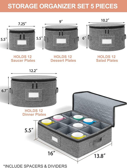 Cirhy China Storage Containers 5-Piece Set - Reinforced Hard-Sided Moving Boxes for Dinnerware, Fine China, Plates & Mugs - Sturdy Quilted Dish Packing Protectors with Dividers (Service for 12)