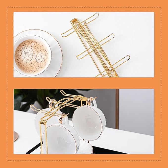 Gold Metal Cup and Saucer Display Stand Tea and Coffee Cup Holder for Countertop, Coffee Station Organizer for Home or Bar Decor