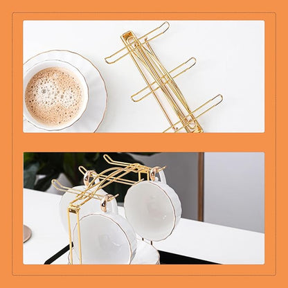 Gold Metal Cup and Saucer Display Stand Tea and Coffee Cup Holder for Countertop, Coffee Station Organizer for Home or Bar Decor