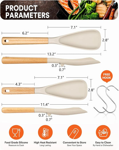 Multifunction Spoon for Nonstick Cookwares, Great for Cooking and Serving, Sturdy BPA-Free Matte Silicone, Wood Handle spoonula for Mixing, Scoop, and Scrape, Khaki(2 pack,11.4" & 13.4")