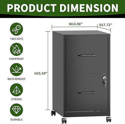 2 Drawer Mobile File Cabinet, Metal Under Desk Filing Cabinet with Lock and Wheels, Home Office Rolling File Cabinet for Legal/Letter Hanging File Folders, Un-Assembled, Black
