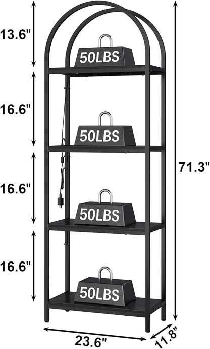 Yusong LED Bookshelf 4 Tier Arched Bookcase, 71.3" Tall Industrial Open Book Shelves for Living Room, Modern Freestanding Display Storage Rack with Metal Frame, Office, Bedroom, Black