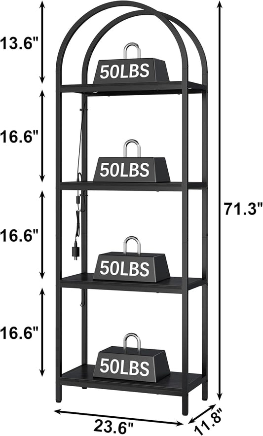 Yusong LED Bookshelf 4 Tier Arched Bookcase, 71.3" Tall Industrial Open Book Shelves for Living Room, Modern Freestanding Display Storage Rack with Metal Frame, Office, Bedroom, Black