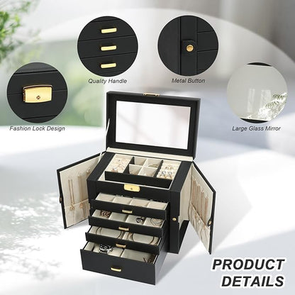 Jewelry Box for Women, 5-Layer Jewelry Organizers Box, Large Jewelry Storage Box for Girls, Jewelry Holder Organizers Gift for Valentine's Day, Christmas, New Year (Black)