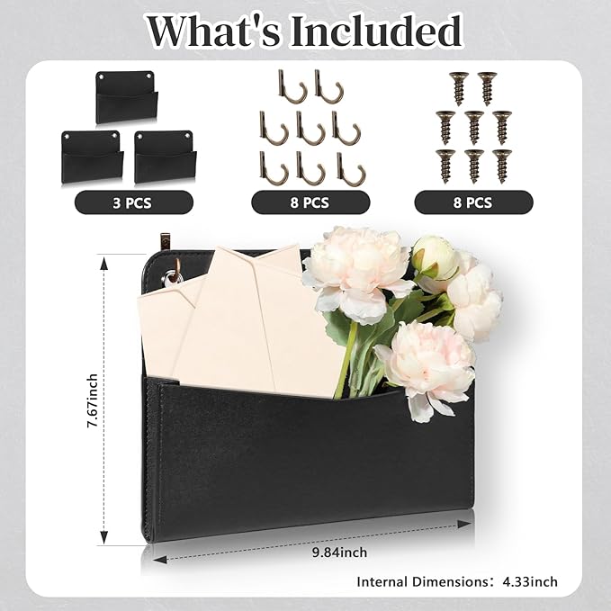 3 PCS Wall Mount PU Leather Mail Holder Black Faux Leather Letter Holder 2 Ring Wall Mail Organizer Stylish Wall Hanging Mail Storage for Flowers Envelope Key Notebooks Home Office Decor