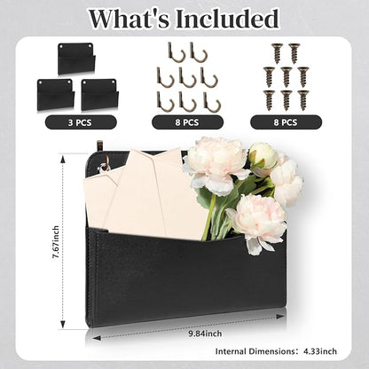 3 PCS Wall Mount PU Leather Mail Holder Black Faux Leather Letter Holder 2 Ring Wall Mail Organizer Stylish Wall Hanging Mail Storage for Flowers Envelope Key Notebooks Home Office Decor