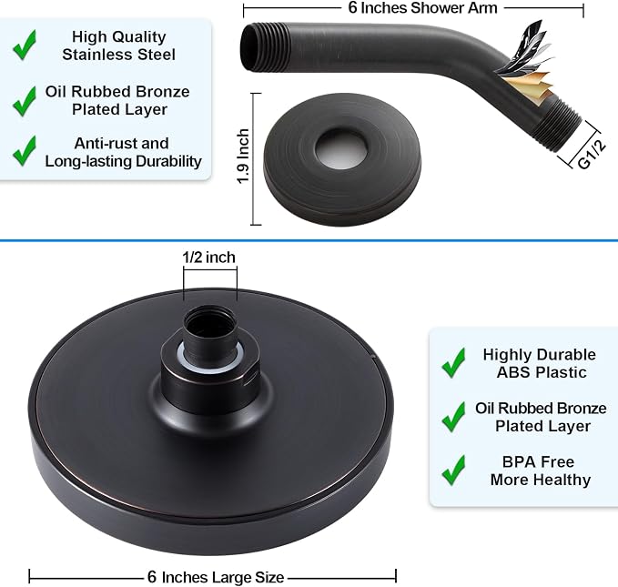High Pressure Rainfall Shower Head, 6 Inches Showerhead with Perfect Adjustable Replacement, Removable Restrictor, Easy Installation for Bathroom Shower Head (Oil Rubbed Bronze+Shower Arm)