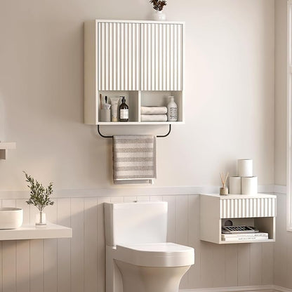 Fluted Wall Cabinet, Modern Medicine Cabinet Bathroom with Doors and Adjustable Shelf Towel Rack Wood Storage Cabinet for Kitchen Dining Room Living Room, White