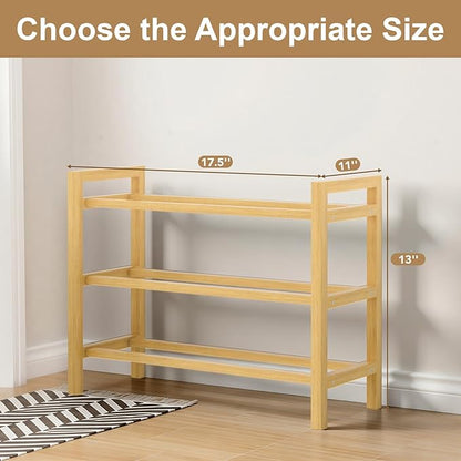Haddockway Bamboo Shoe Rack for Closet, Free Standing Shoe Organizer with Smooth Round Rods & Convenient Handles, Stackable Shoe Storage Shelf for Entryway, Hallway(Natural, 3-Tier(Small))