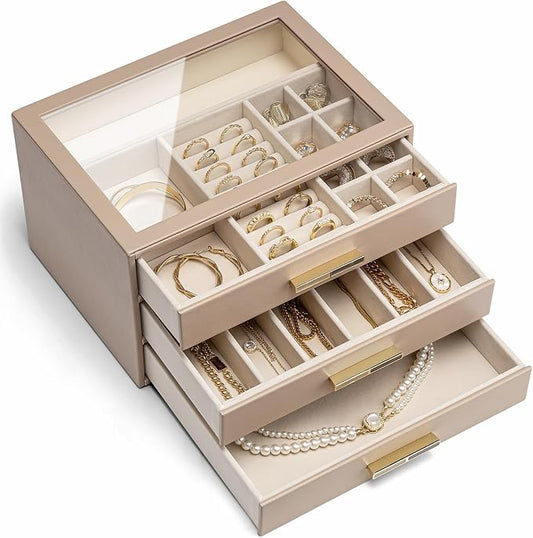 VLANDO Jewelry Box for Women, 3-Layer Jewelry Organizer with Drawers, Glass Lid Display Jewelry Storage, Soft PU Leather Exterior, Contrast Gold Metal Handles, Refined Style – Toffee