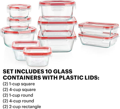 Pyrex Freshlock (10-Pack) Mixed Sized Airtight Glass Food Storage Container Set, Non Toxic, with Plastic BPA-Free Leakproof Locking Lids