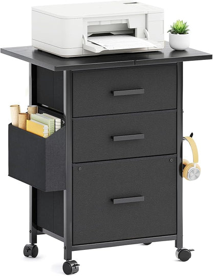 Mexin 3 Drawer File Cabinet with 22'' Extended Desktop, Mobile Filing Cabinet, Printer Stand, Rolling Printer Stand with Side Bag, Fabric Drawer, Fits A4 Size, Home Office, Black
