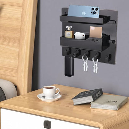 Bedside Shelf Wall Mount, Adhesive Bedside Shelf Accessories Organizer with Hooks and Cable Clips,Dorm Bedside Wall Storage for Phone, Remote, Earphone, Kindle,Plastic (5 Hooks Style-Black)