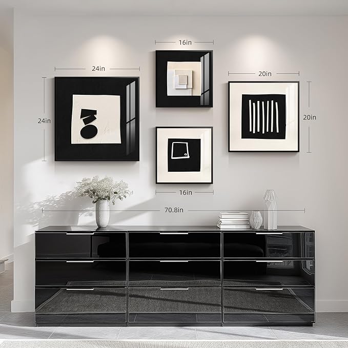 4 Piece Framed Modern Black and White Wall Art Set, Minimalist Abstract Prints Artworks, Bright Style Geometric Picture Painting Decor for Living Room Dining Room Hallway Bedroom Home Office