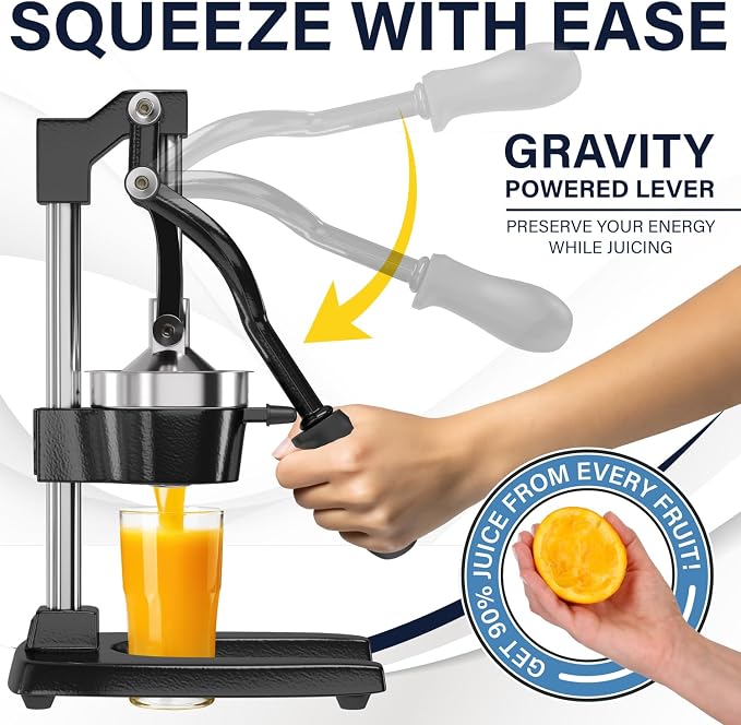 Eurolux Ultra-Premium Cast Iron Juicer | Extra-Large, Heavy Duty, Commercial Grade, Stainless Steel Manual Hand Press Citrus Squeezer For Fresh Orange Juice, Pomegranate, Lemon, and Much More (Black)